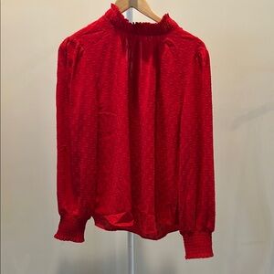 LOFT Ruffle Red Smocked Blouse Elegant with Bow